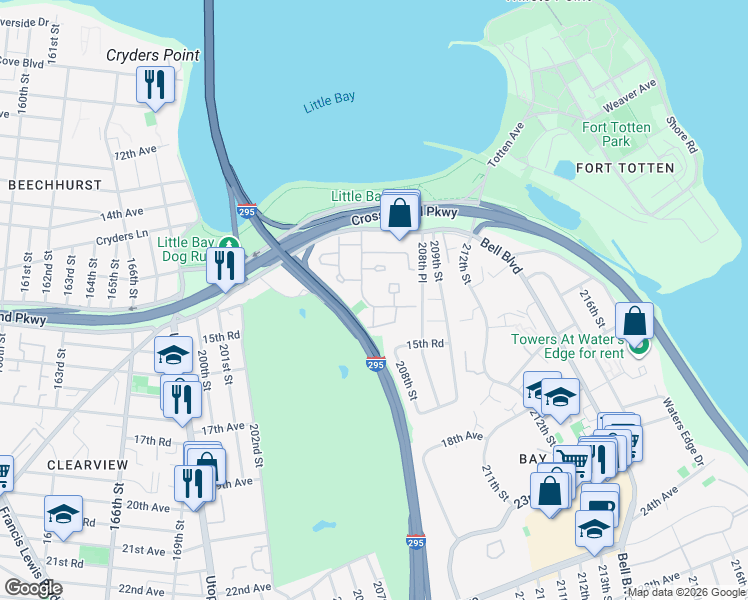 map of restaurants, bars, coffee shops, grocery stores, and more near 207-1 Estates Drive in Queens