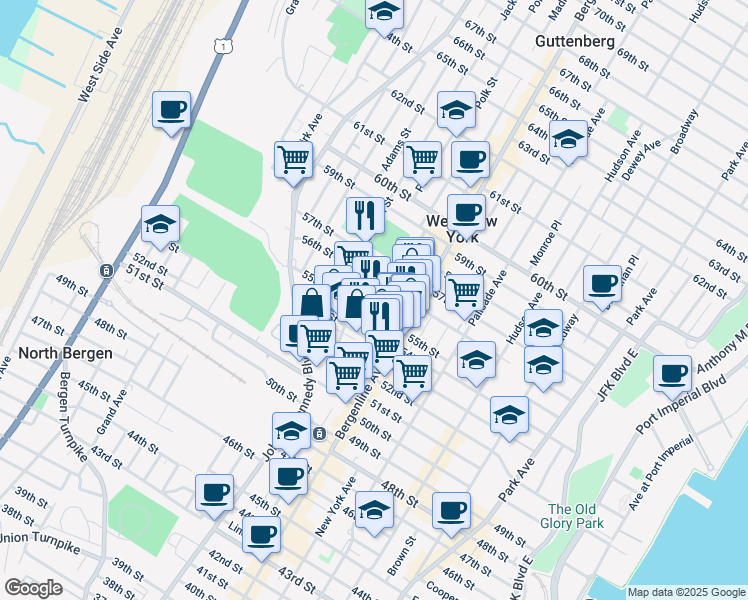 map of restaurants, bars, coffee shops, grocery stores, and more near 556 55th Street in West New York