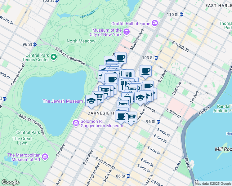 map of restaurants, bars, coffee shops, grocery stores, and more near 70 East 96th Street in New York