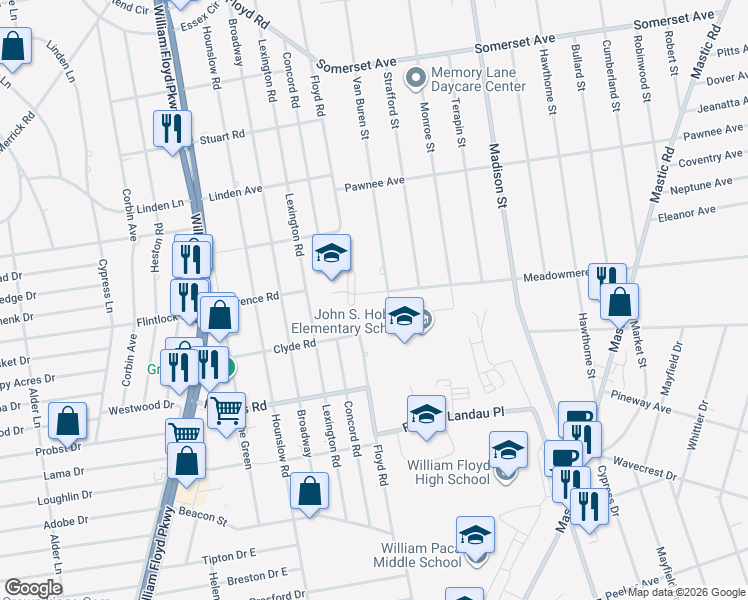 map of restaurants, bars, coffee shops, grocery stores, and more near 2 Meadowmere Avenue in Mastic