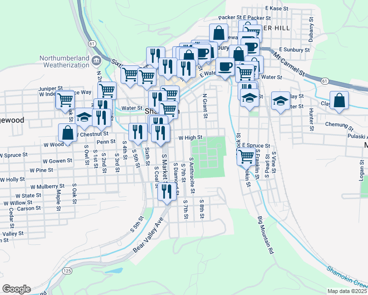 map of restaurants, bars, coffee shops, grocery stores, and more near 59 South 7th Street in Shamokin