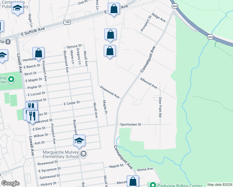 map of restaurants, bars, coffee shops, grocery stores, and more near 227 Pinewood Avenue in Central Islip