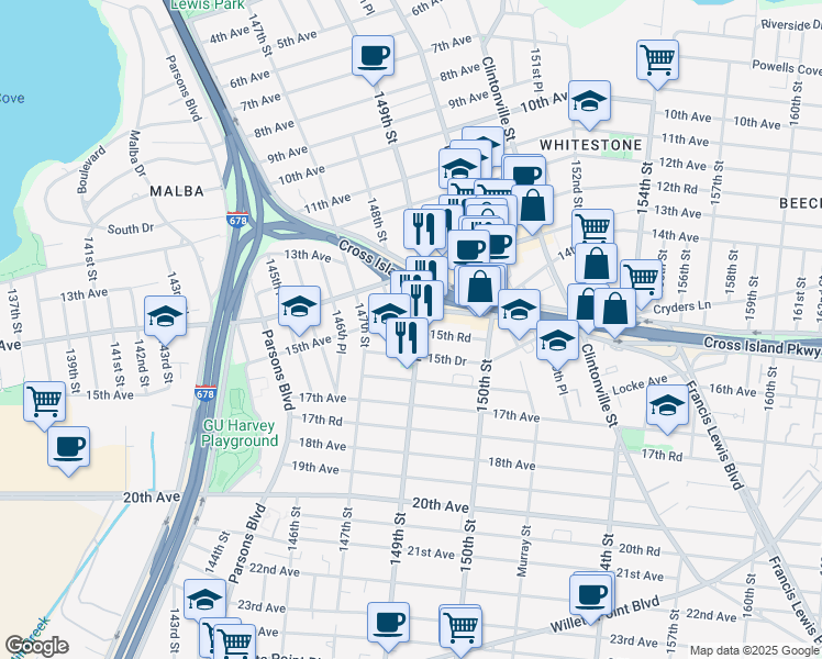 map of restaurants, bars, coffee shops, grocery stores, and more near 15-16 149th Street in Queens