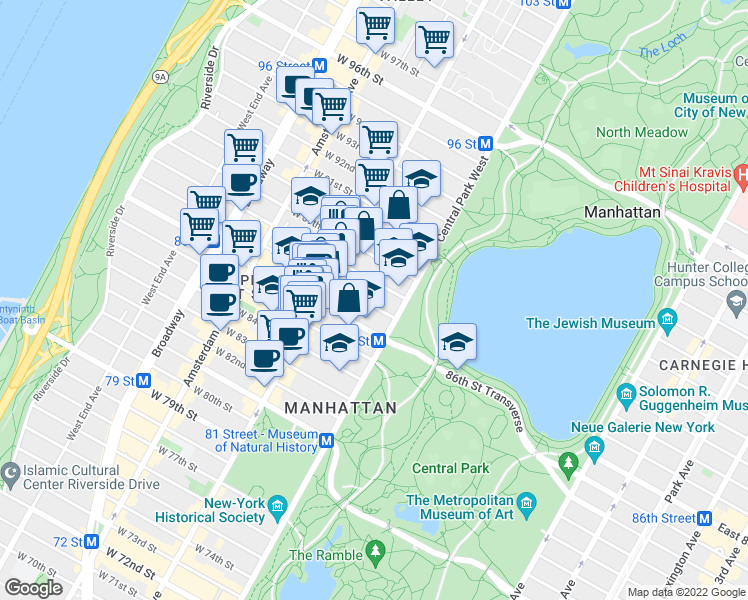 map of restaurants, bars, coffee shops, grocery stores, and more near 7 West 87th Street in New York