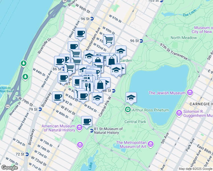 map of restaurants, bars, coffee shops, grocery stores, and more near 7 West 87th Street in New York