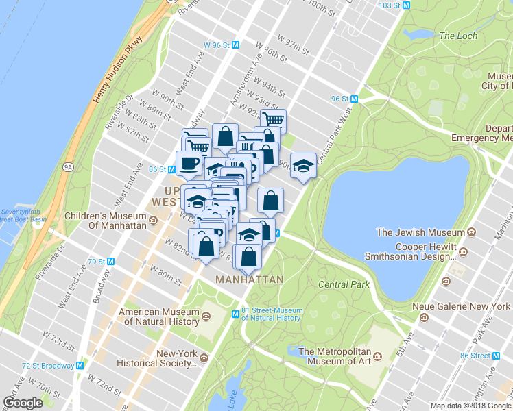 map of restaurants, bars, coffee shops, grocery stores, and more near 50 West 87th Street in New York