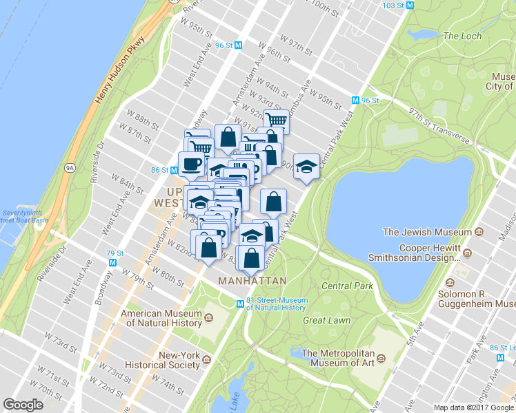 map of restaurants, bars, coffee shops, grocery stores, and more near 50 West 87th Street in New York