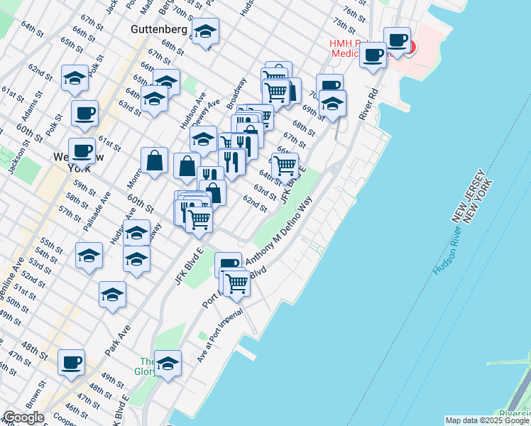 map of restaurants, bars, coffee shops, grocery stores, and more near 6114 Highland Place in West New York