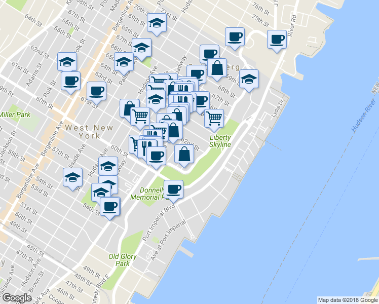 map of restaurants, bars, coffee shops, grocery stores, and more near 6114 Highland Place in West New York