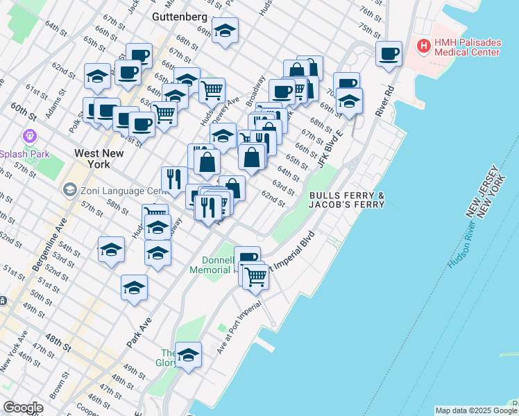 map of restaurants, bars, coffee shops, grocery stores, and more near 6100 Monitor Place in West New York