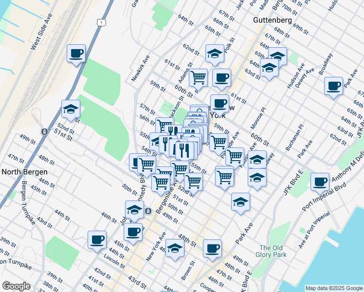 map of restaurants, bars, coffee shops, grocery stores, and more near 515 56th Street in West New York