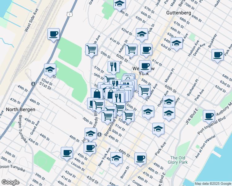 map of restaurants, bars, coffee shops, grocery stores, and more near 556 55th Street in West New York