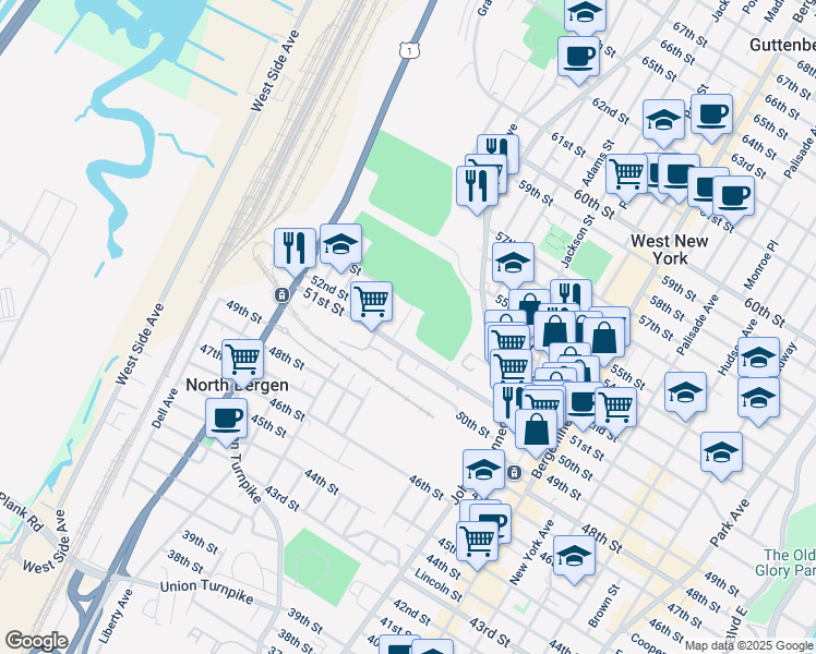 map of restaurants, bars, coffee shops, grocery stores, and more near 5204 Meadowview Avenue in North Bergen