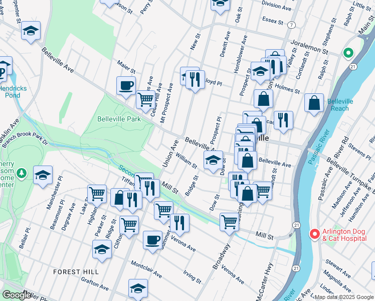 map of restaurants, bars, coffee shops, grocery stores, and more near 54 Smith Street in Belleville