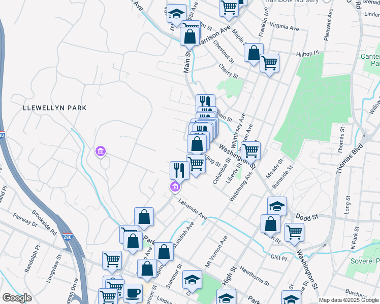 map of restaurants, bars, coffee shops, grocery stores, and more near 18 Erwin Place in West Orange