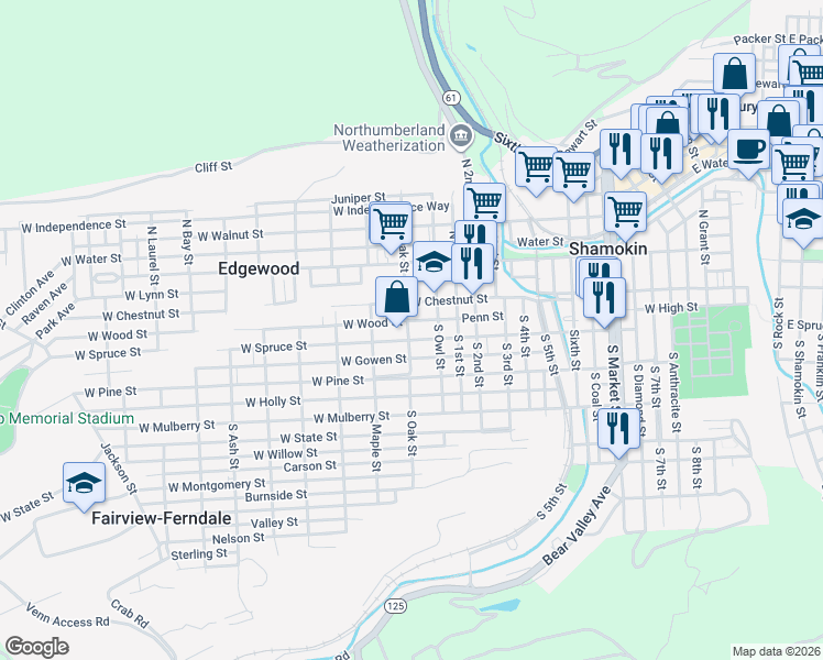 map of restaurants, bars, coffee shops, grocery stores, and more near 825-867 W Spruce St in Fairview-Ferndale