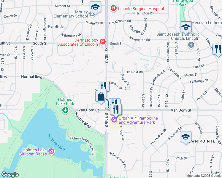 map of restaurants, bars, coffee shops, grocery stores, and more near 7005 Shamrock Road in Lincoln