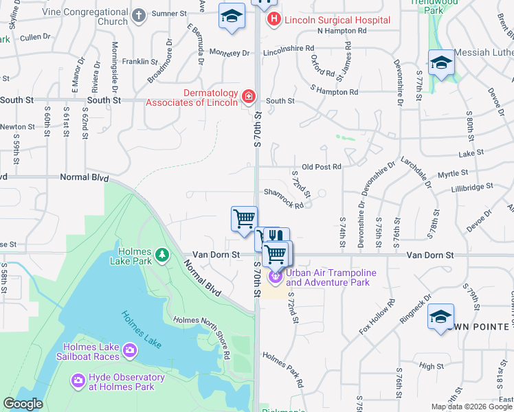 map of restaurants, bars, coffee shops, grocery stores, and more near 2601 South 70th Street in Lincoln