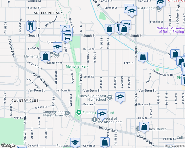 map of restaurants, bars, coffee shops, grocery stores, and more near 2635 South 35th Street in Lincoln