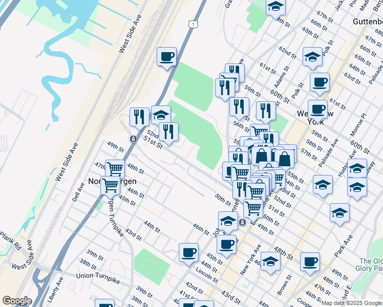 map of restaurants, bars, coffee shops, grocery stores, and more near 5204 Meadowview Avenue in North Bergen