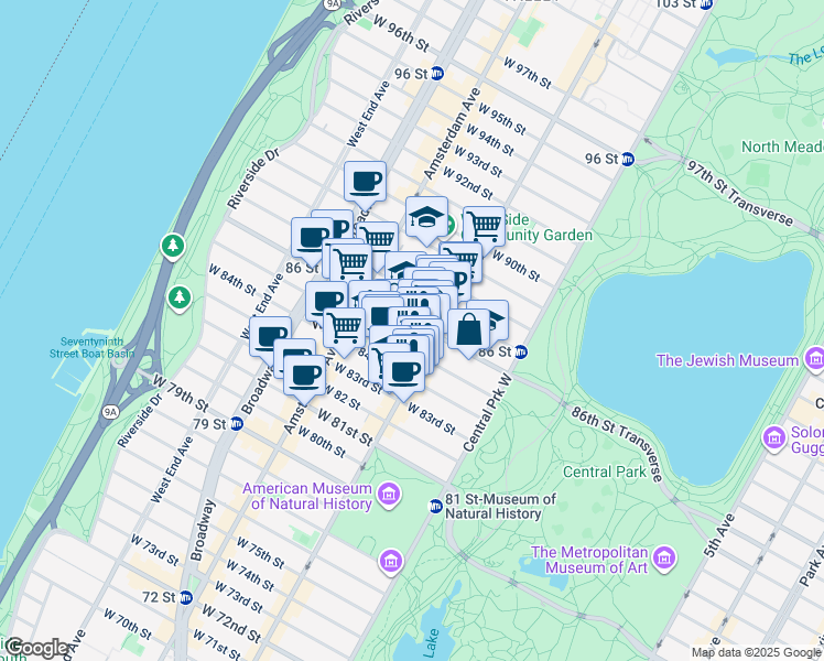 map of restaurants, bars, coffee shops, grocery stores, and more near 118 West 86th Street in New York