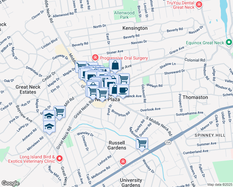 map of restaurants, bars, coffee shops, grocery stores, and more near 5 Schenck Avenue in Great Neck Plaza