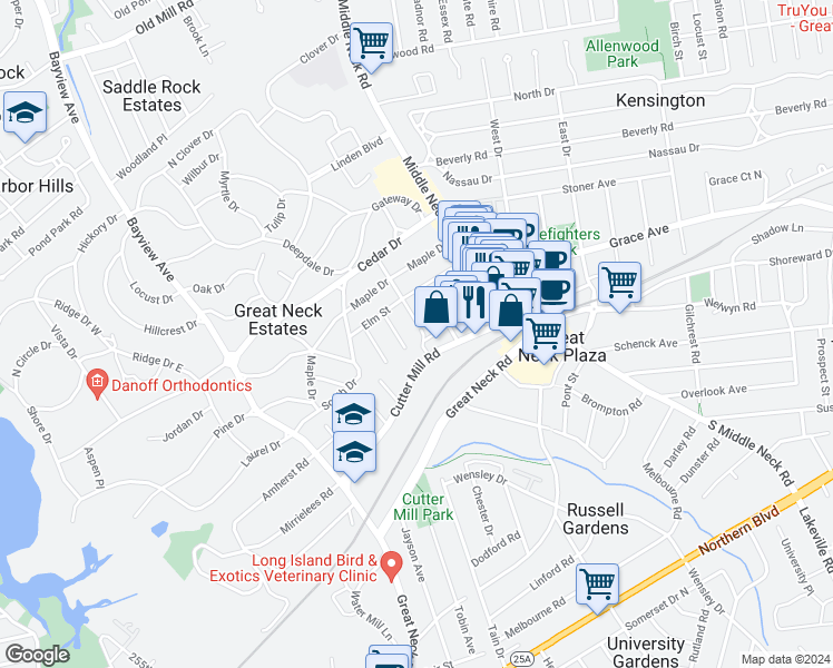 map of restaurants, bars, coffee shops, grocery stores, and more near 1 Town House Place in Great Neck Plaza