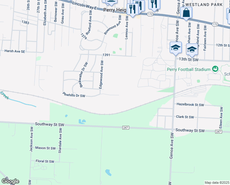 map of restaurants, bars, coffee shops, grocery stores, and more near 3234 Pinehills Drive Southwest in Massillon
