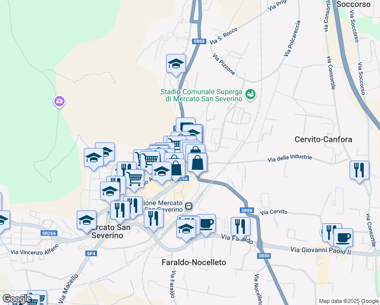 map of restaurants, bars, coffee shops, grocery stores, and more near 22 Piazza Dante Alighieri in Mercato San Severino