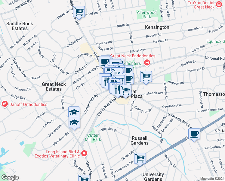 map of restaurants, bars, coffee shops, grocery stores, and more near 33-43 Great Neck Road in Great Neck