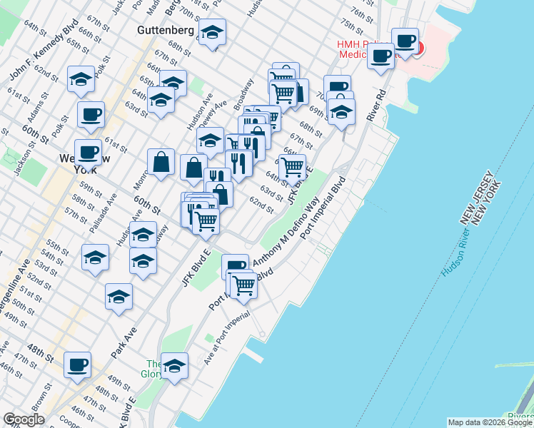 map of restaurants, bars, coffee shops, grocery stores, and more near 6114 Highland Place in West New York