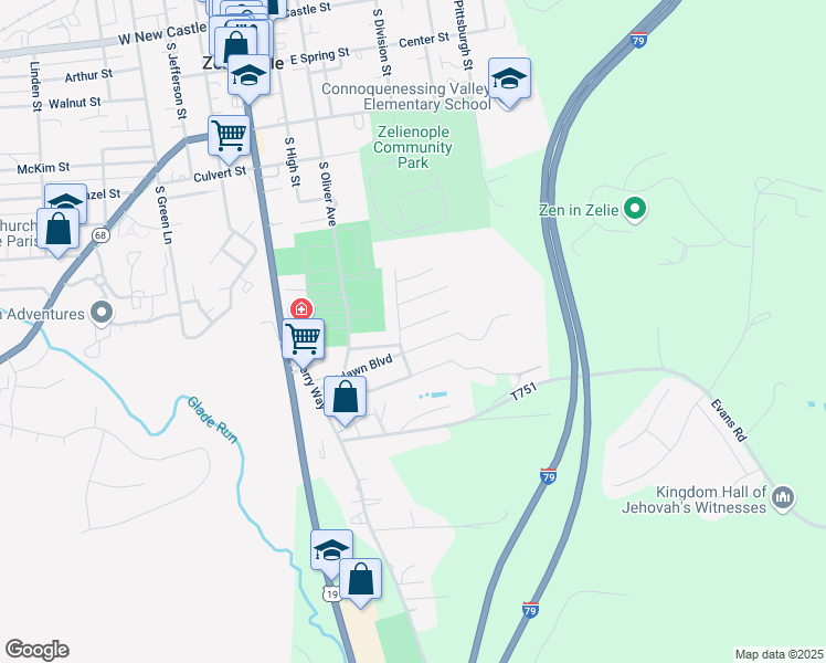 map of restaurants, bars, coffee shops, grocery stores, and more near 202 Dominican Way in Zelienople