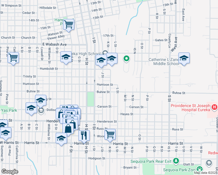 map of restaurants, bars, coffee shops, grocery stores, and more near 2311 K Street in Eureka