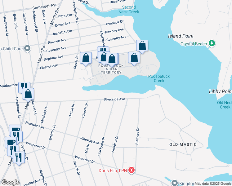 map of restaurants, bars, coffee shops, grocery stores, and more near 45 Riverside Avenue in Mastic Beach