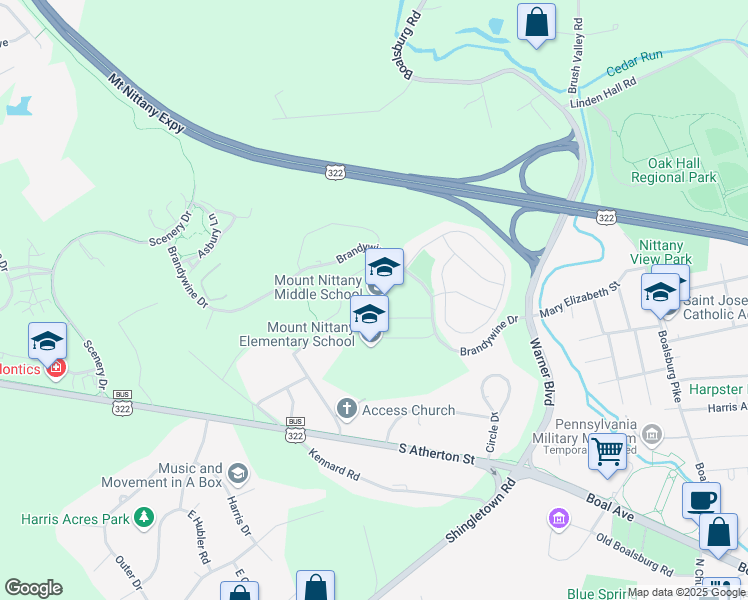 map of restaurants, bars, coffee shops, grocery stores, and more near 656 Brandywine Drive in State College