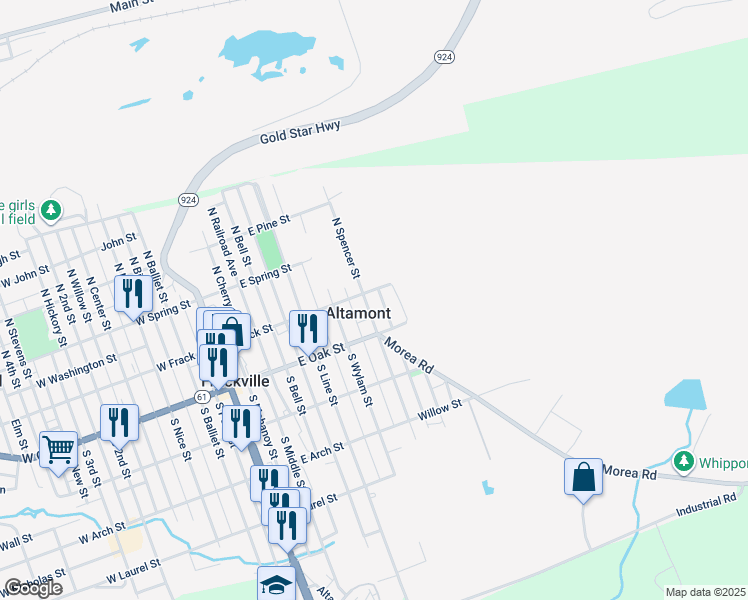 map of restaurants, bars, coffee shops, grocery stores, and more near 11 South Spencer Street in Frackville