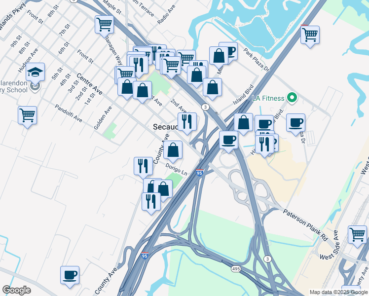 map of restaurants, bars, coffee shops, grocery stores, and more near 1151 Paterson Plank Road in Secaucus