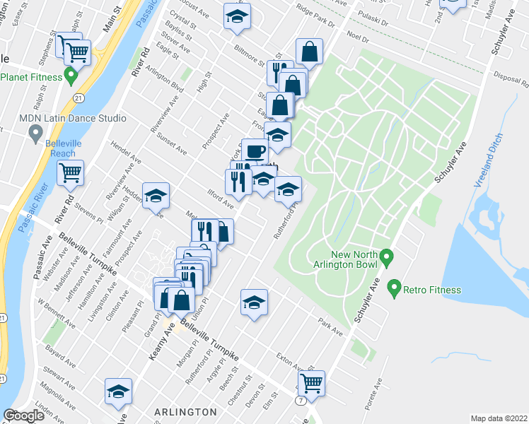 map of restaurants, bars, coffee shops, grocery stores, and more near 17 Franklin Place in North Arlington