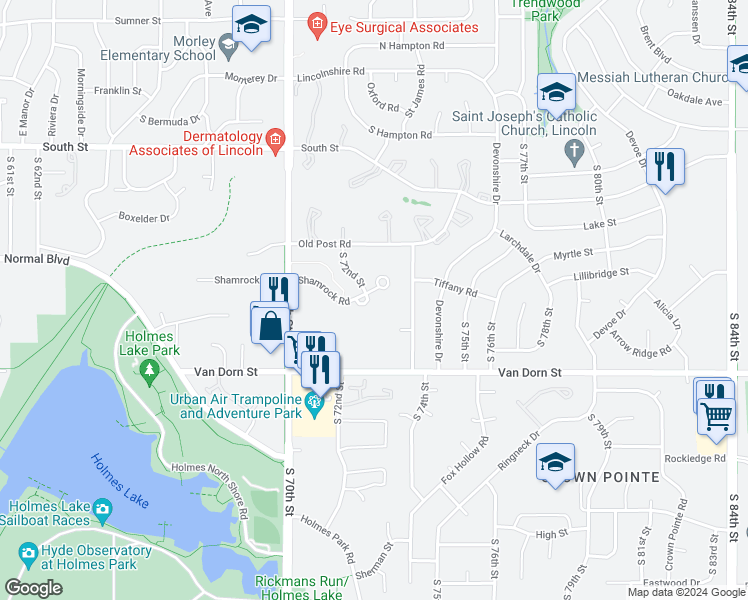 map of restaurants, bars, coffee shops, grocery stores, and more near 7153 Shamrock Road in Lincoln