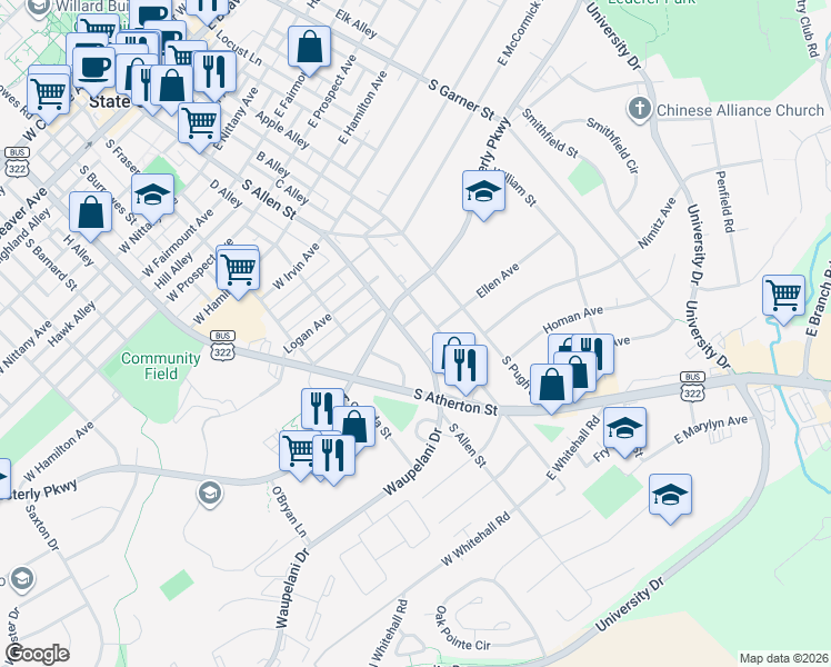 map of restaurants, bars, coffee shops, grocery stores, and more near 1117 South Allen Street in State College