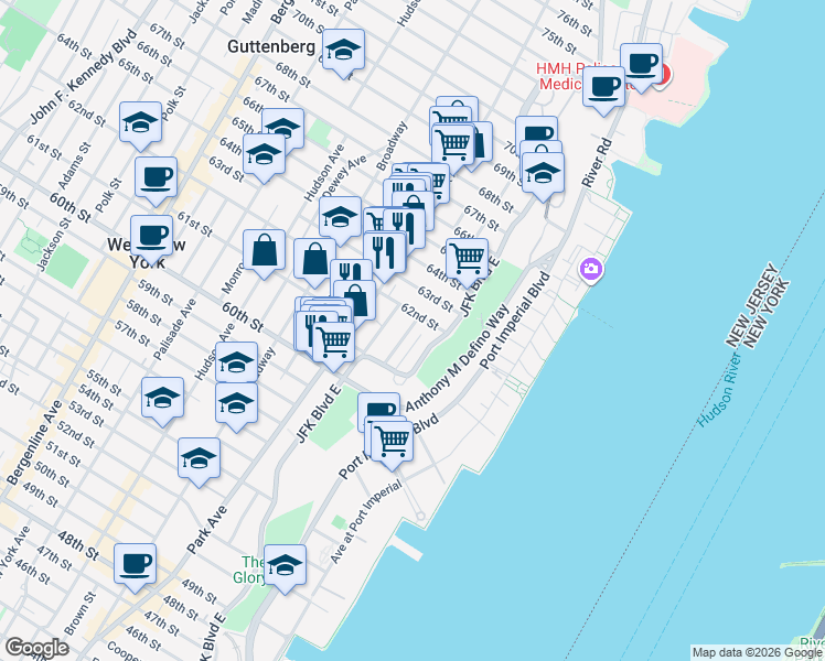 map of restaurants, bars, coffee shops, grocery stores, and more near 6114 Highland Place in West New York