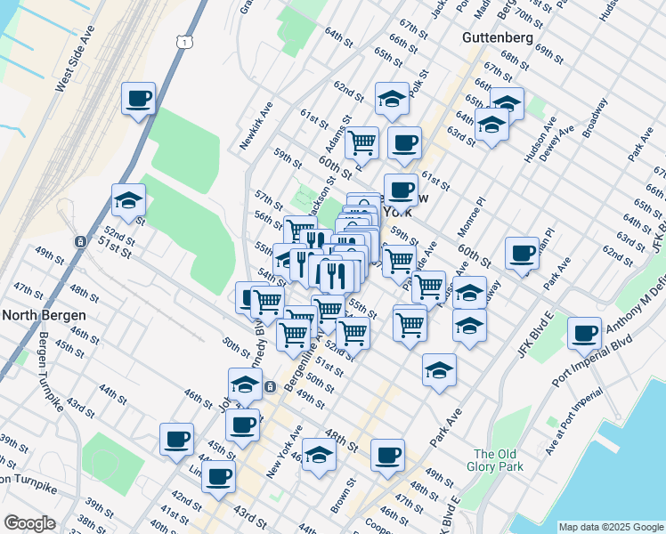 map of restaurants, bars, coffee shops, grocery stores, and more near 515 56th Street in West New York