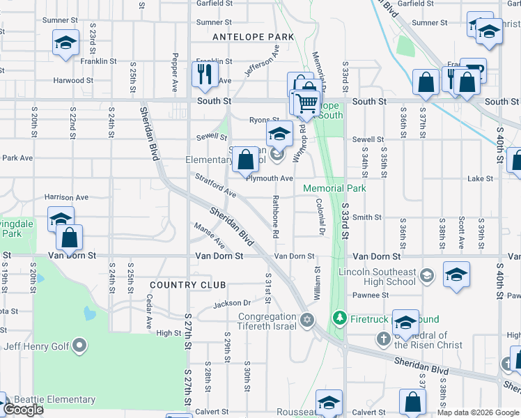 map of restaurants, bars, coffee shops, grocery stores, and more near 3040 Stratford Avenue in Lincoln