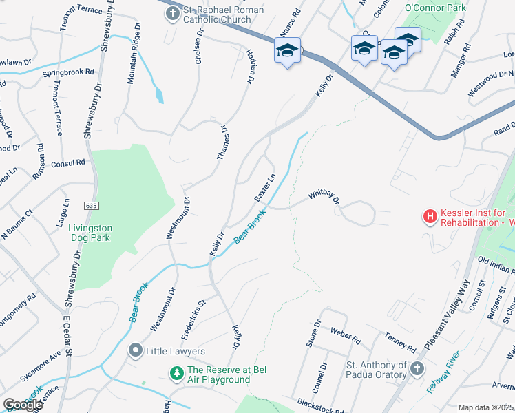 map of restaurants, bars, coffee shops, grocery stores, and more near 39 Baxter Lane in West Orange