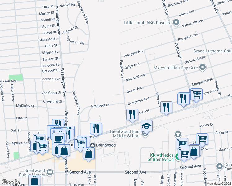map of restaurants, bars, coffee shops, grocery stores, and more near 9 Pinewild Road in Brentwood