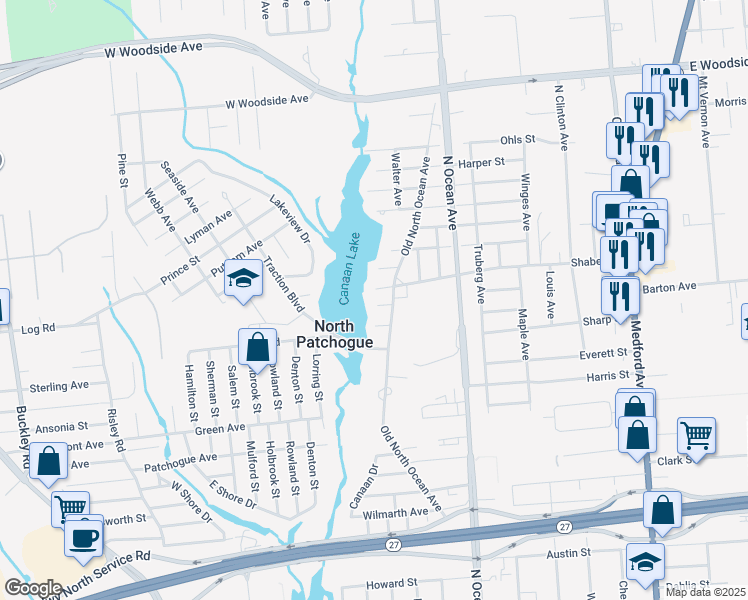 map of restaurants, bars, coffee shops, grocery stores, and more near 11 Poe Place in Patchogue