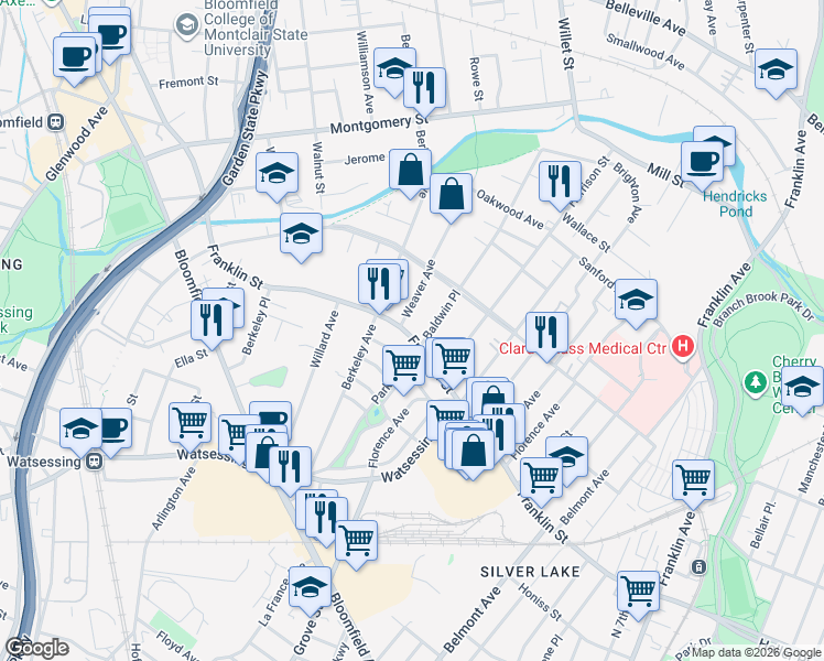 map of restaurants, bars, coffee shops, grocery stores, and more near 11 Baldwin Place in Bloomfield