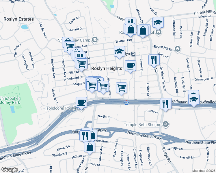 map of restaurants, bars, coffee shops, grocery stores, and more near 151 Jefferson Avenue in Roslyn Heights
