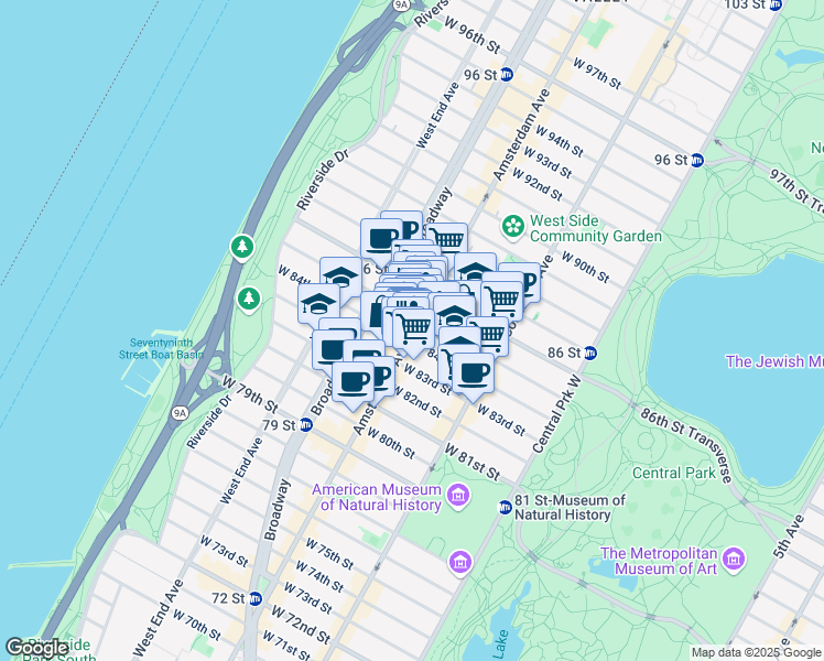 map of restaurants, bars, coffee shops, grocery stores, and more near 507 Amsterdam Avenue in New York