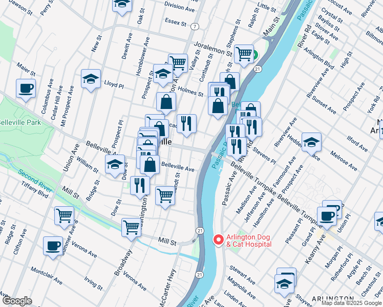 map of restaurants, bars, coffee shops, grocery stores, and more near 60 Stephens Street in Belleville